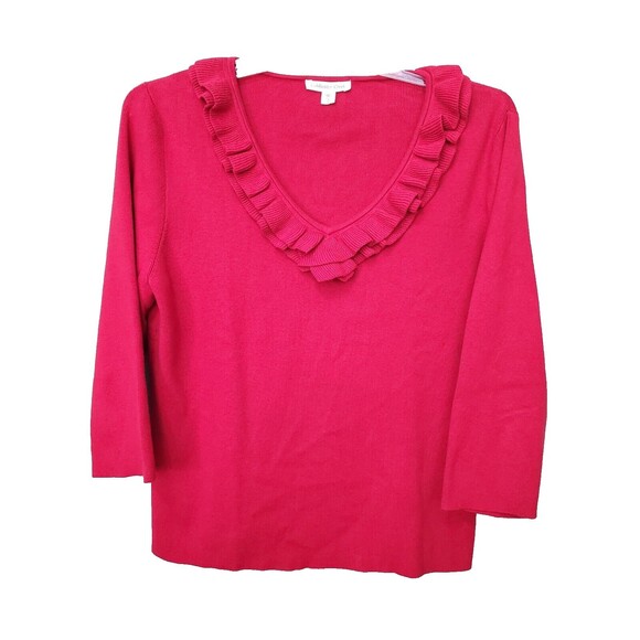 Coldwater Creek Red Cotton/Wool/Cashmere Blend Ruffle Collar V-Neck Sweater L - Picture 1 of 5
